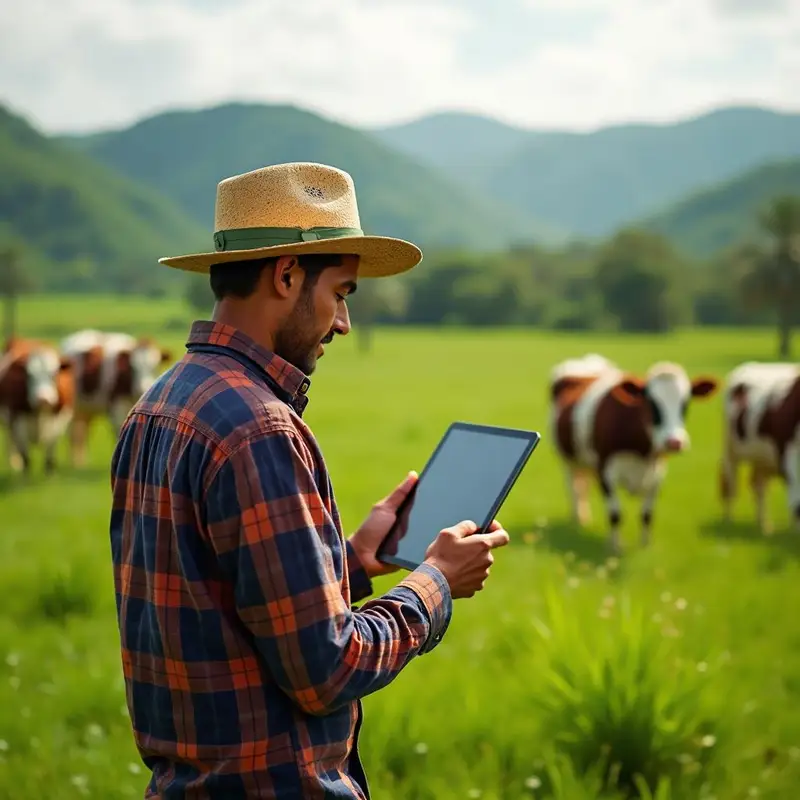 Produtor utilizando tablet digital no pasto com vacas ao fundo