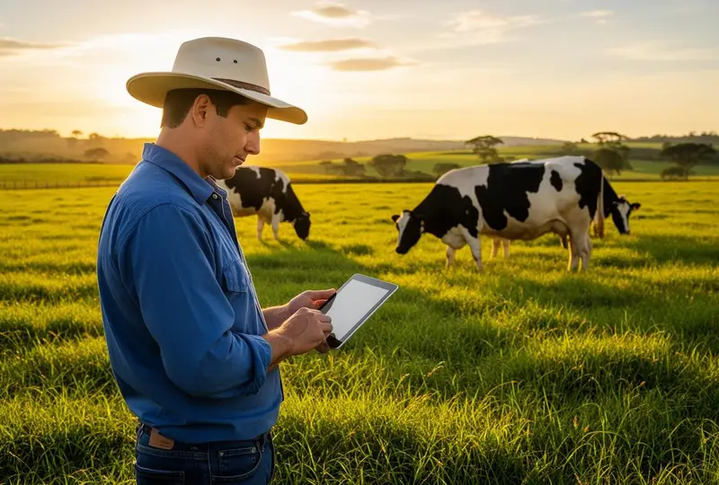 Produtor rural usando tablet para gestão do rebanho no pasto